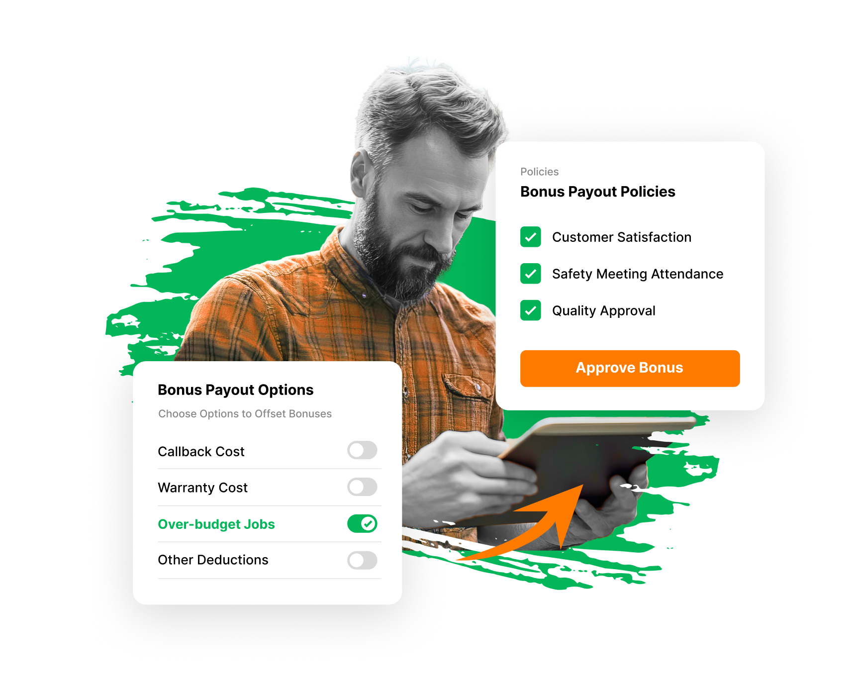 Bonus Payout Options and Bonus Payout Policies panels with disqualifiers, callback costs, and Approve Bonus button