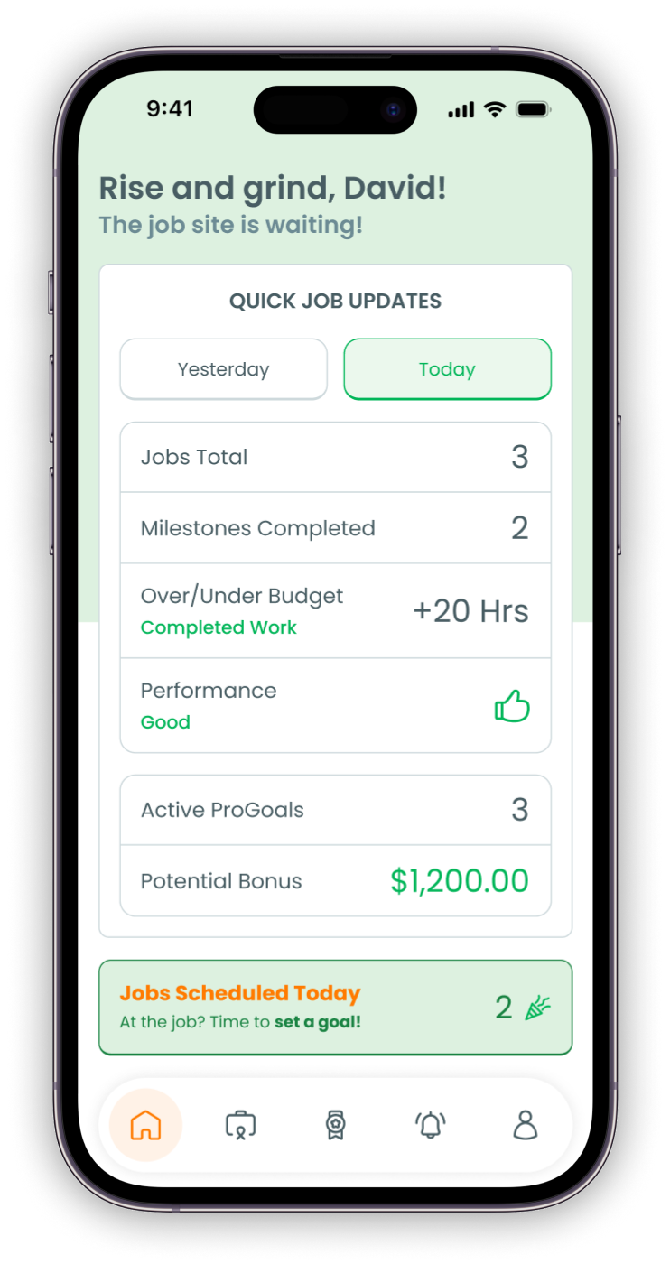 Daily job updates dashboard. Total jobs, milestones completed, performance, and potential bonus.